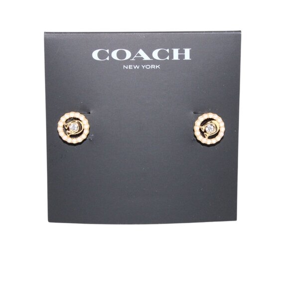 Coach Signature C Gold-Tone Crystal & Pearl Circle Stud Earrings – New on Card - Picture 1 of 16